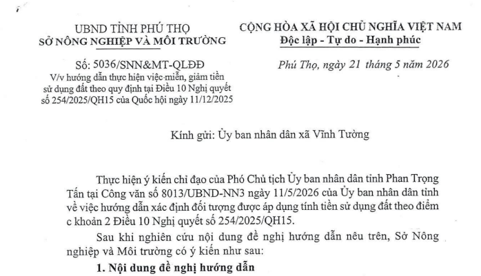 Công văn 5036 hướng dẫn thực hiện miễn giảm tiền sử dụng đất của Sở NN&MT Phú Thọ