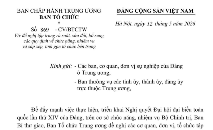Công văn 869-CV/BTCTW về sắp xếp, tinh gọn tổ chức bên trong các cơ quan, đơn vị