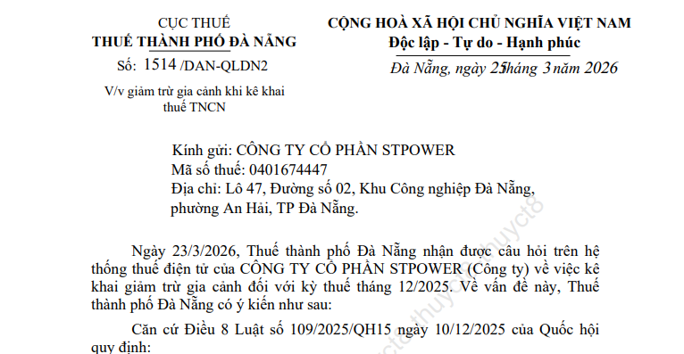 Công văn 1514 hướng dẫn giảm trừ gia cảnh khi kê khai thuế thu nhập cá nhân (Thuế TP Đà Nẵng)