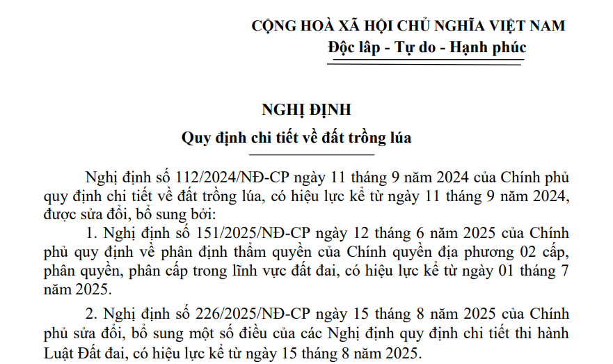 Đã có Văn bản hợp nhất Nghị định về đất trồng lúa (VBHN 59/VBHN-BNNMT)