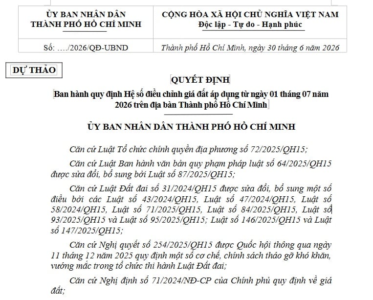 Toàn văn dự thảo Quyết định về hệ số điều chỉnh giá đất tại TPHCM từ 01/7/2026