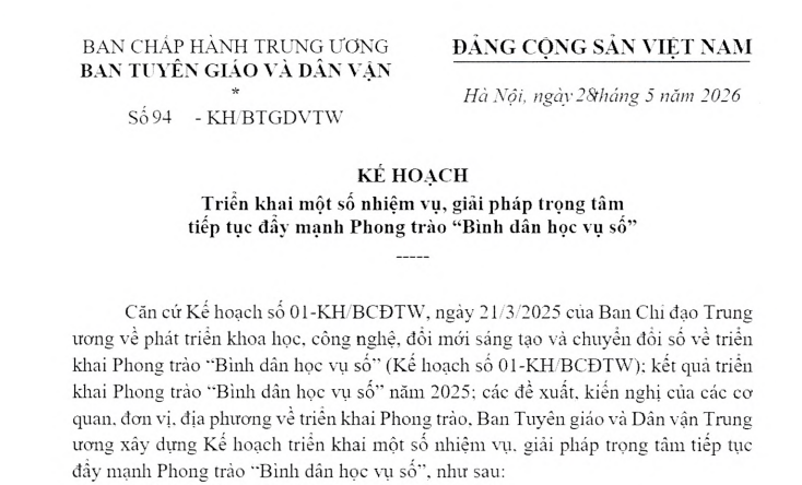 Kế hoạch 94-KH/BTGDVTW: Tiếp tục đẩy mạnh Phong trào “Bình dân học vụ số"