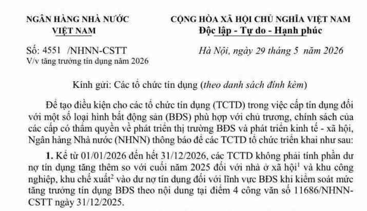 Công văn 4551/NHNN-CSTT tăng trưởng tín dụng năm 2026