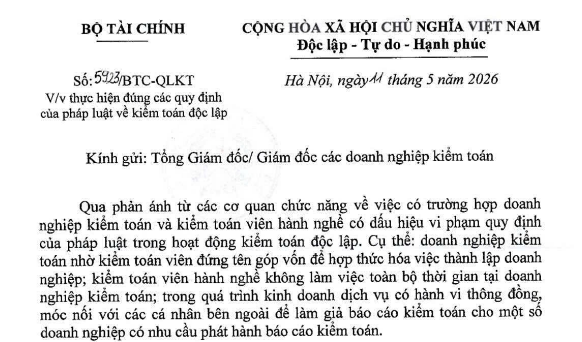 Công văn 5923/BTC-QLKT thực hiện đúng các quy định của pháp luật về kiểm toán độc lập
