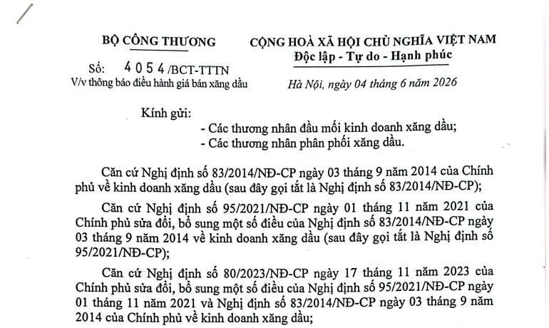 Công văn 4054 thông báo giá xăng dầu từ 15h ngày 04/6/2026