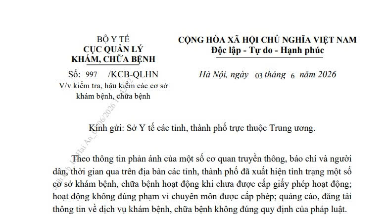 Công văn 997/KCB-QLHN: Chỉ đạo về kiểm tra và hậu kiểm các cơ sở khám chữa bệnh
