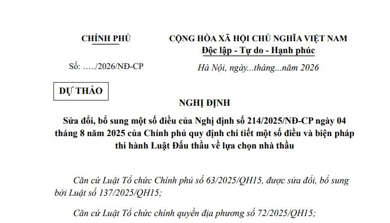 Đã có dự thảo Nghị định sửa đổi Nghị định 214/2025/NĐ-CP về lựa chọn nhà thầu 