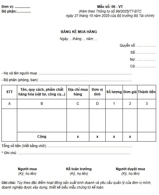 Mẫu bảng kê mua hàng mới nhất theo Thông tư 99 (Mẫu số 06-VT)