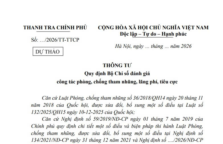 Đã có dự thảo Thông tư về Bộ Chỉ số đánh giá công tác phòng chống tham nhũng và lãng phí tiêu cực