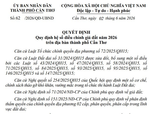 Hệ số điều chỉnh giá đất tại Cần Thơ năm 2026