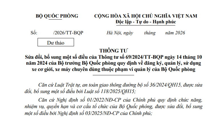 Đã có dự thảo sửa Thông tư 69/2024/TT-BQP về đăng ký, sử dụng xe cơ giới, xe máy chuyên dùng