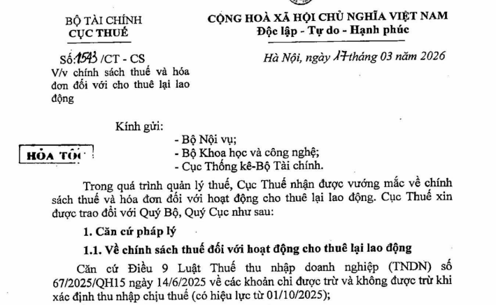 Công văn 1543/CT-CS chính sách thuế và hóa đơn với cho thuê lại lao động