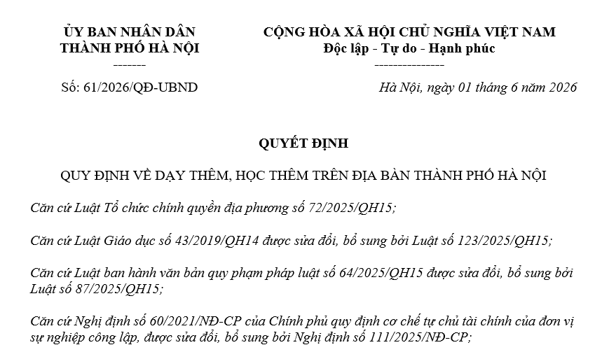 Đã có Quy định dạy thêm học thêm tại Hà Nội từ 11/6/2026