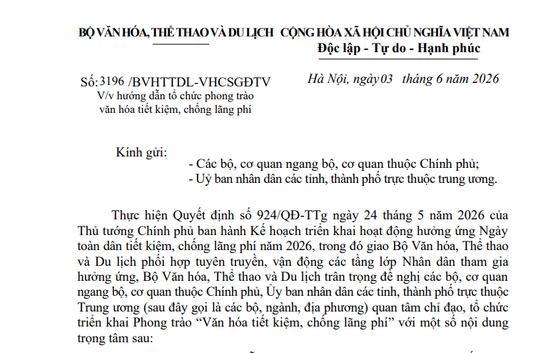 Công văn 3196 hướng dẫn tổ chức phong trào văn hóa tiết kiệm chống lãng phí
