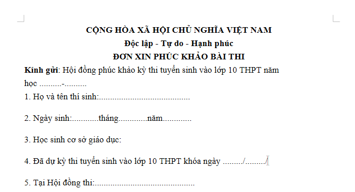 Mẫu đơn xin phúc khảo điểm thi vào lớp 10 năm học 2026-2027