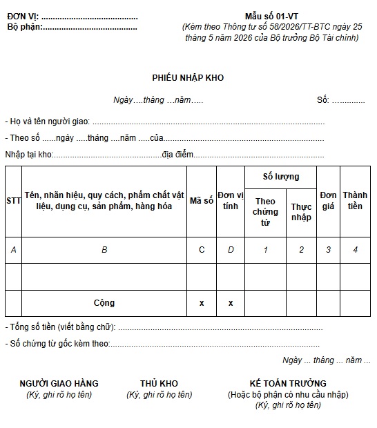 Mẫu phiếu nhập kho mới nhất theo Thông tư 58 (Mẫu số 01-VT)