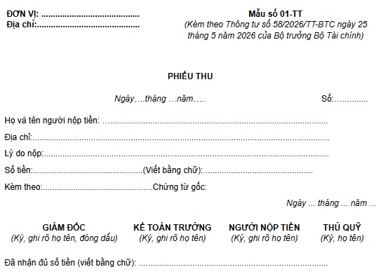 Mẫu phiếu thu dùng cho doanh nghiệp siêu nhỏ từ 01/7/2026
