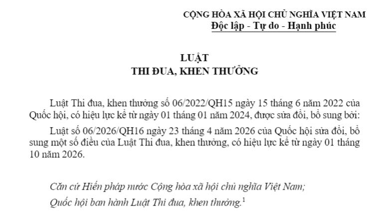 Văn bản hợp nhất Luật Thi đua khen thưởng mới nhất 2026