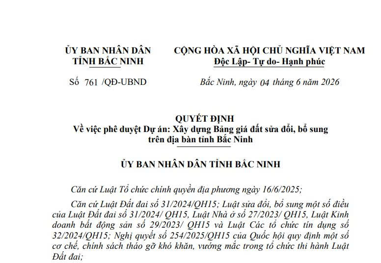 Quyết định 761: Dự án xây dựng Bảng giá đất sửa đổi tỉnh Bắc Ninh 