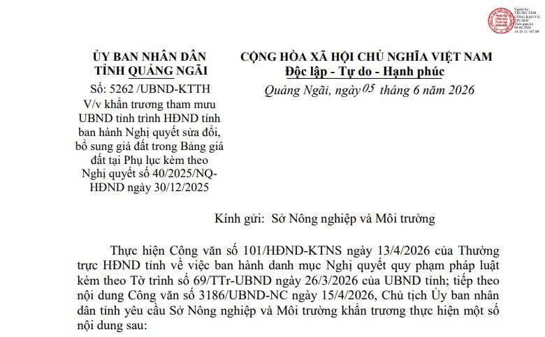 Công văn 5262: Khẩn trương tham mưu ban hành Nghị quyết sửa đổi Bảng giá đất tỉnh Quảng Ngãi 