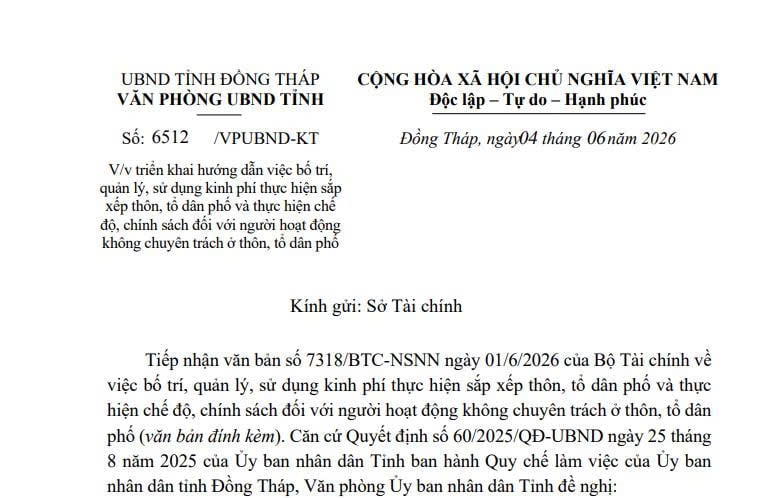 Công văn 6512: Hướng dẫn bố trí kinh phí sắp xếp thôn và tổ dân phố tỉnh Đồng Tháp 