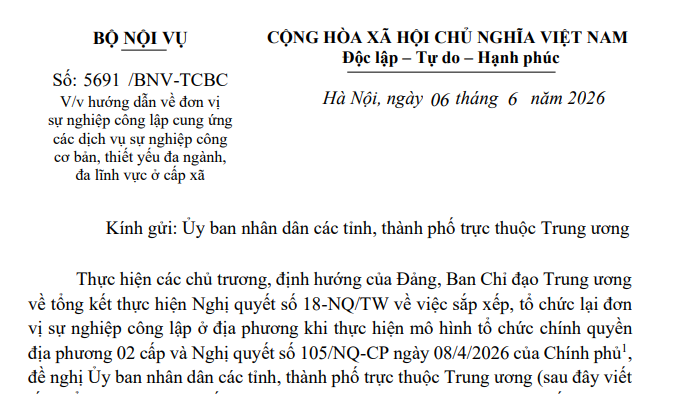 Toàn văn Công văn 5691/BNV-TCCB về sắp xếp đơn vị sự nghiệp công lập cấp xã 
