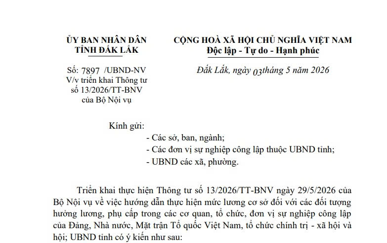 Công văn 7897: Hướng dẫn thực hiện mức lương cơ sở mới từ 01/7/2026 tỉnh Đắk Lắk