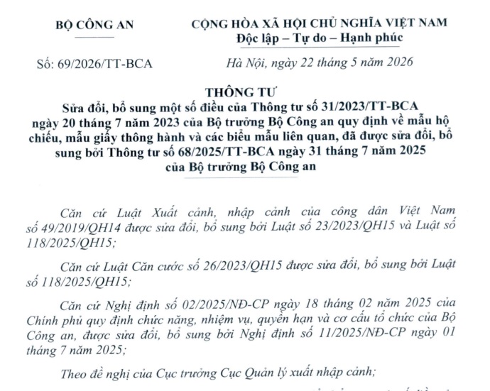 Đã có Thông tư 69/2026/TT-BCA sửa các biểu mẫu liên quan về hộ chiếu