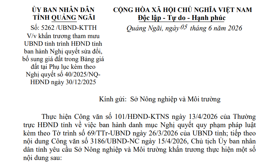 Chỉ đạo mới về sửa đổi bảng giá đất Quảng Ngãi 2026