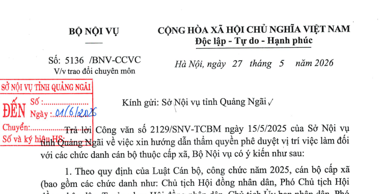 Toàn văn Công văn 5136/BNV-CCVC phê duyệt vị trí việc làm chức danh cán bộ cấp xã 