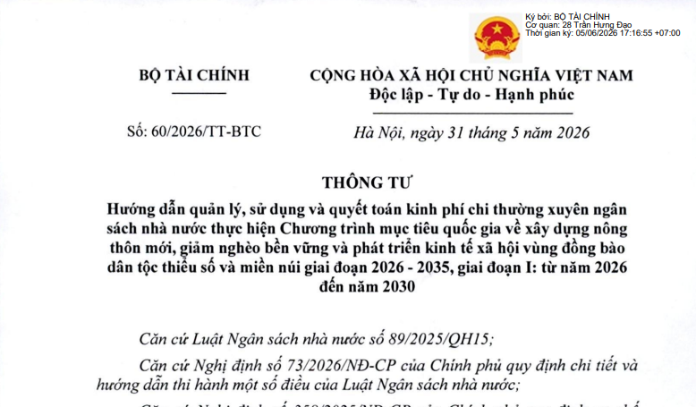 Đã có Thông tư 60/2026/TT-BTC hướng dẫn quyết toán kinh phí xây dựng nông thôn mới