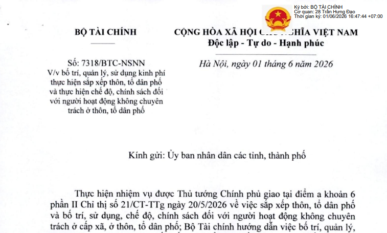 Toàn văn Công văn 7318/BTC-NSNN về kinh phí sáp nhập thôn tổ dân phố và phụ cấp cán bộ cơ sở