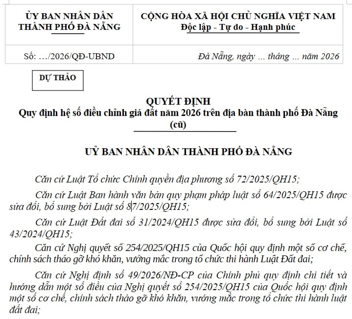Dự thảo Quyết định hệ số điều chỉnh giá đất tại Đà Nẵng (cũ) năm 2026