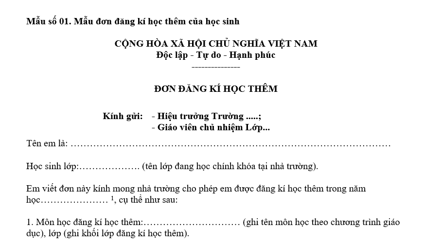 Mẫu đơn đăng kí học thêm của học sinh Hà Nội 2026