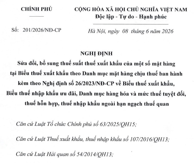 Đã có Nghị định 201/2026/NĐ-CP sửa Biểu thuế xuất khẩu từ 23/7/2026
