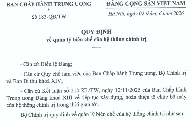 Toàn văn Quy định 183-QĐ/TW quản lý biên chế của hệ thống chính trị