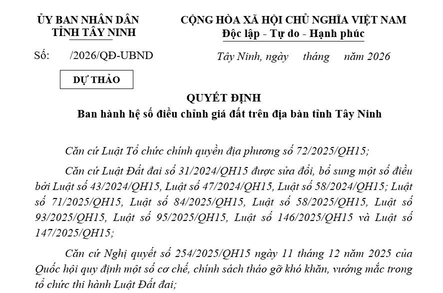 Đã có dự thảo Quyết định về hệ số điều chỉnh giá đất tại Tây Ninh