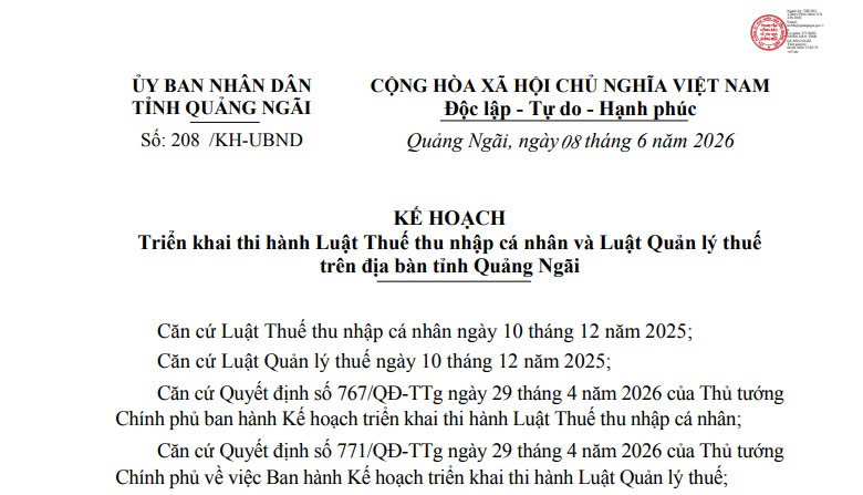 Kế hoạch 208 thi hành Luật Thuế thu nhập cá nhân và Luật Quản lý thuế tỉnh Quảng Ngãi 