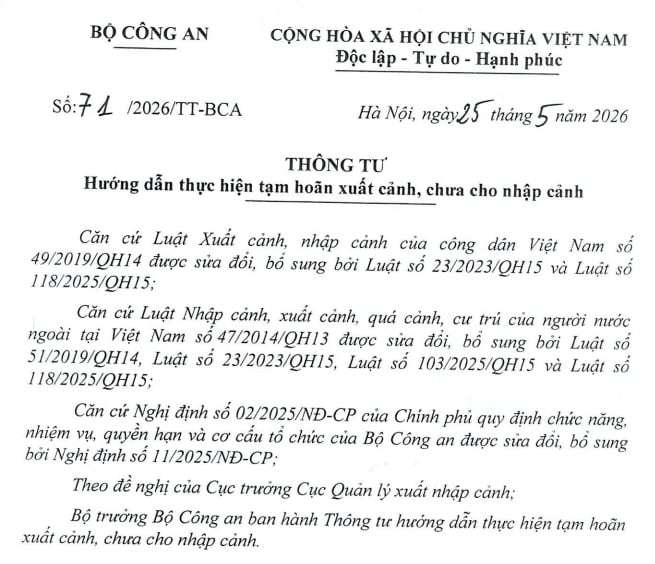 Đã có Thông tư 71/2026/TT-BCA hướng dẫn tạm hoãn xuất cảnh, chưa cho nhập cảnh