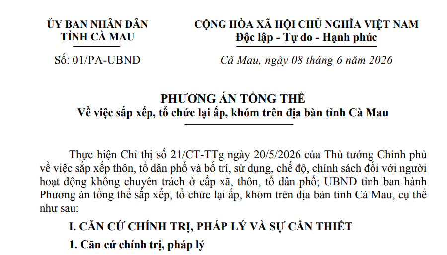 Phương án sắp xếp ấp khóm tại Cà Mau