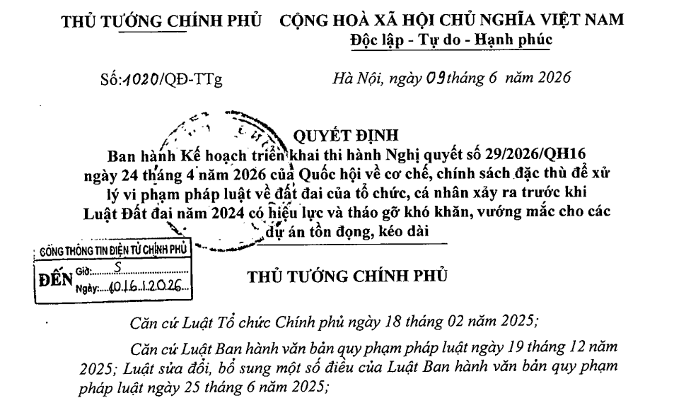 Kế hoạch triển khai Nghị quyết 29/2026/QH16 cơ chế đặc thù để xử lý vi phạm về đất đai