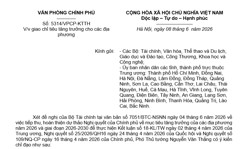 Công văn 5314/VPCP-KTTH 2026 giao chỉ tiêu tăng trưởng cho các địa phương