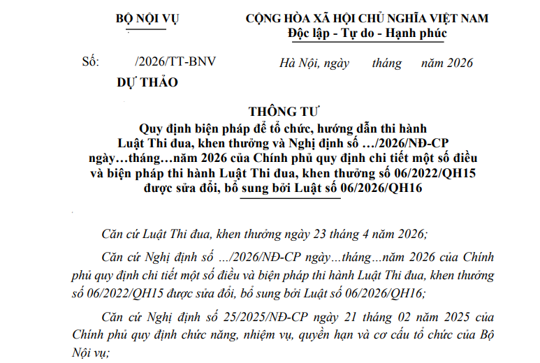 Đã có dự thảo Thông tư hướng dẫn Luật Thi đua khen thưởng 2026 thay thế Thông tư 15/2025/TT-BNV