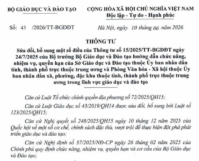 Đã có Thông tư 45/2026/TT-BGDĐT sửa đổi nhiệm vụ của Sở Giáo dục và Đào tạo&nbsp;