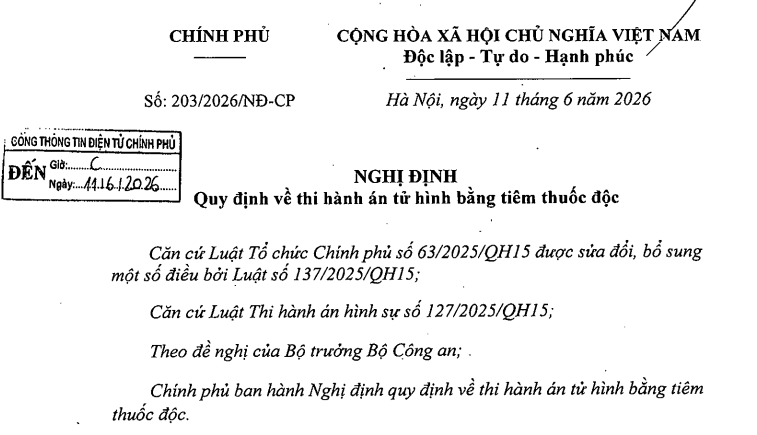 Đã có Nghị định 203/2026/NĐ-CP về thi hành án tử hình bằng tiêm thuốc độc