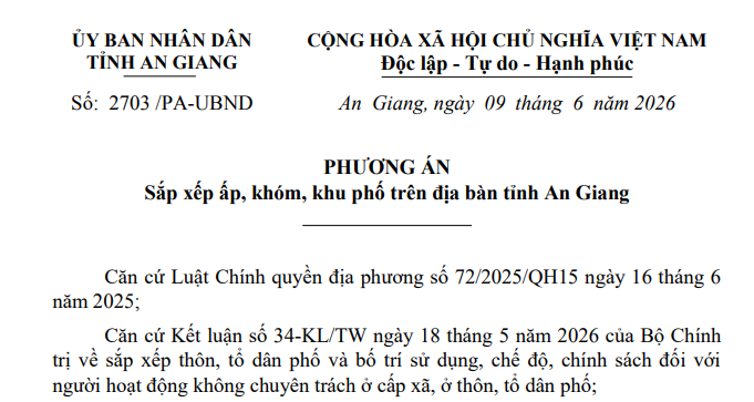 Phương án sắp xếp ấp khóm khu phố năm 2026 tại An Giang