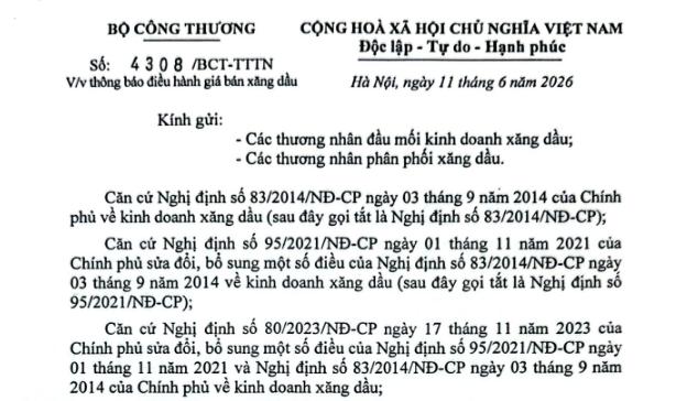Công văn 4308 thông báo giá xăng dầu từ 15h ngày 11/6/2026