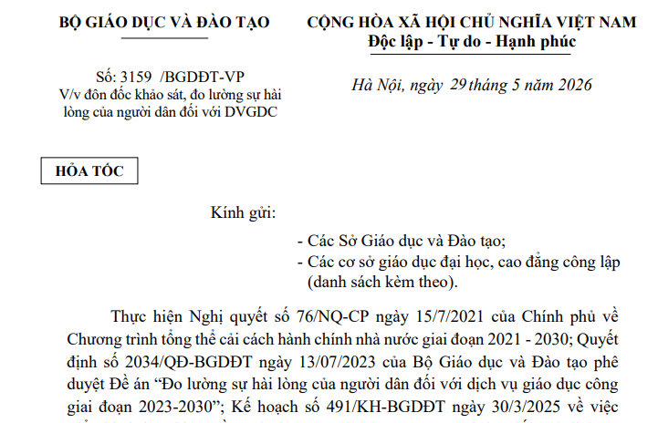 Công văn 3159/BGDĐT-VP: (Hỏa tốc) đo lường sự hài lòng của người dân đối với dịch vụ giáo dục công 