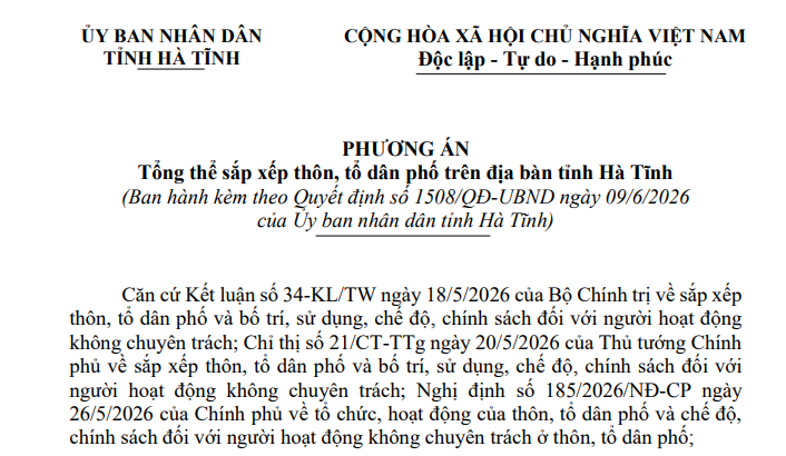 Phương án sắp xếp thôn tổ dân phố năm 2026 tại Hà Tĩnh
