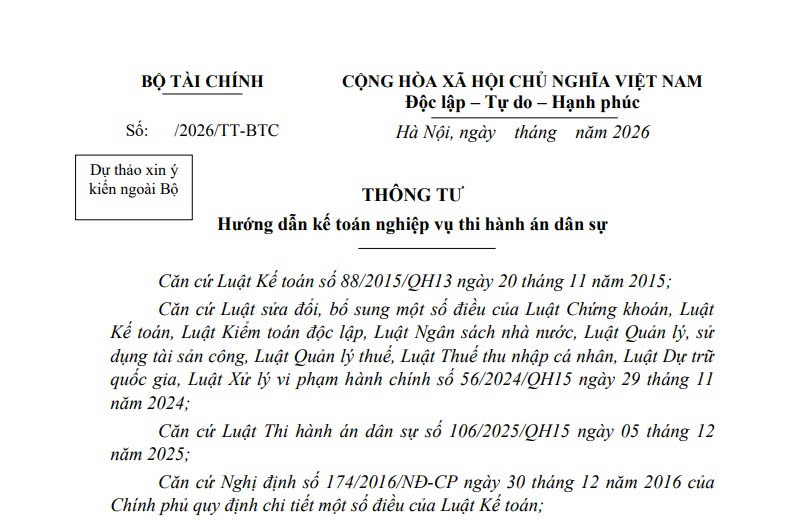 Đã có dự thảo Thông tư hướng dẫn kế toán nghiệp vụ thi hành án dân sự